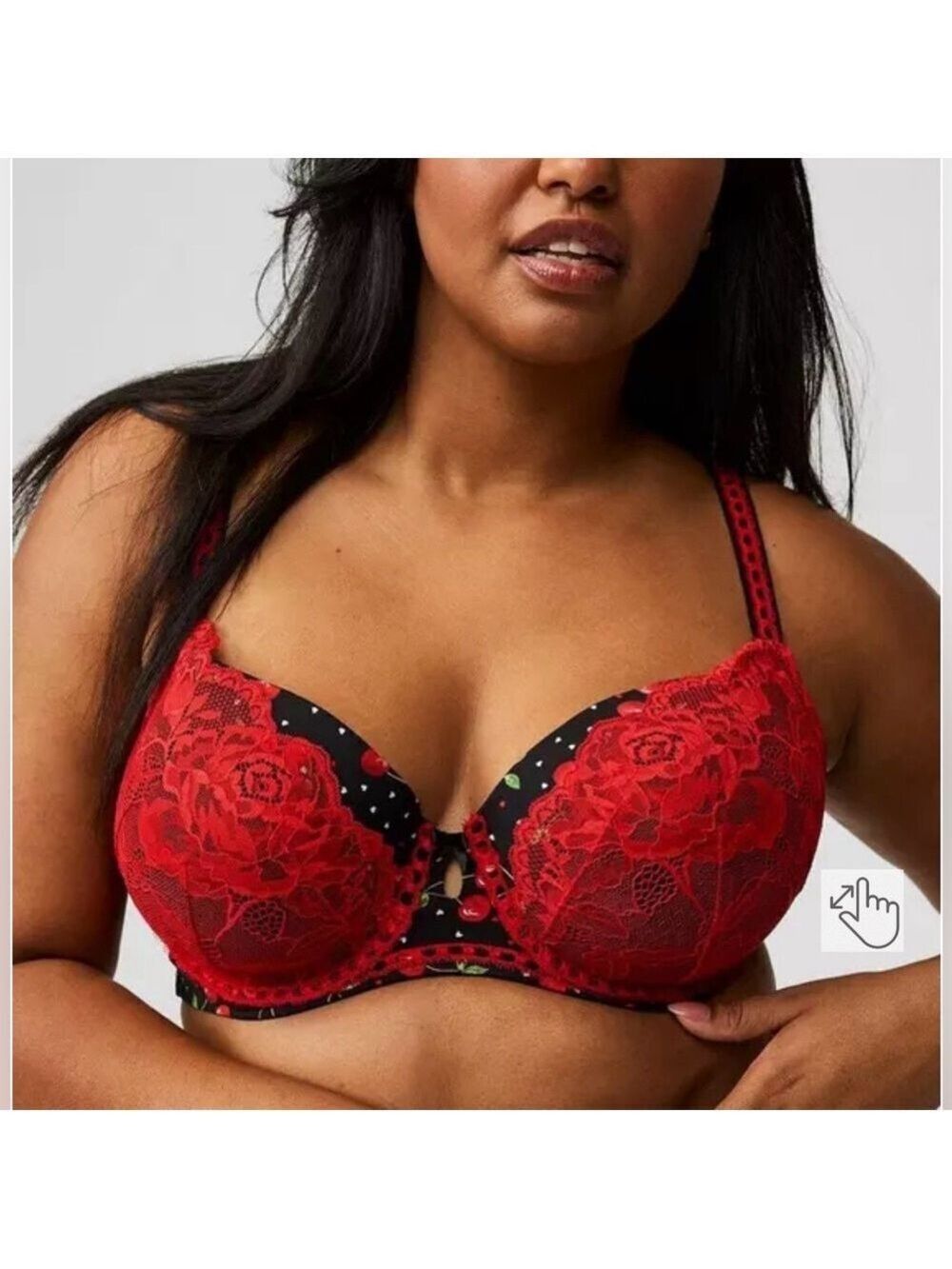 Torrid Cherry print bra 40C Perfect tee shirt red lace black underwire
